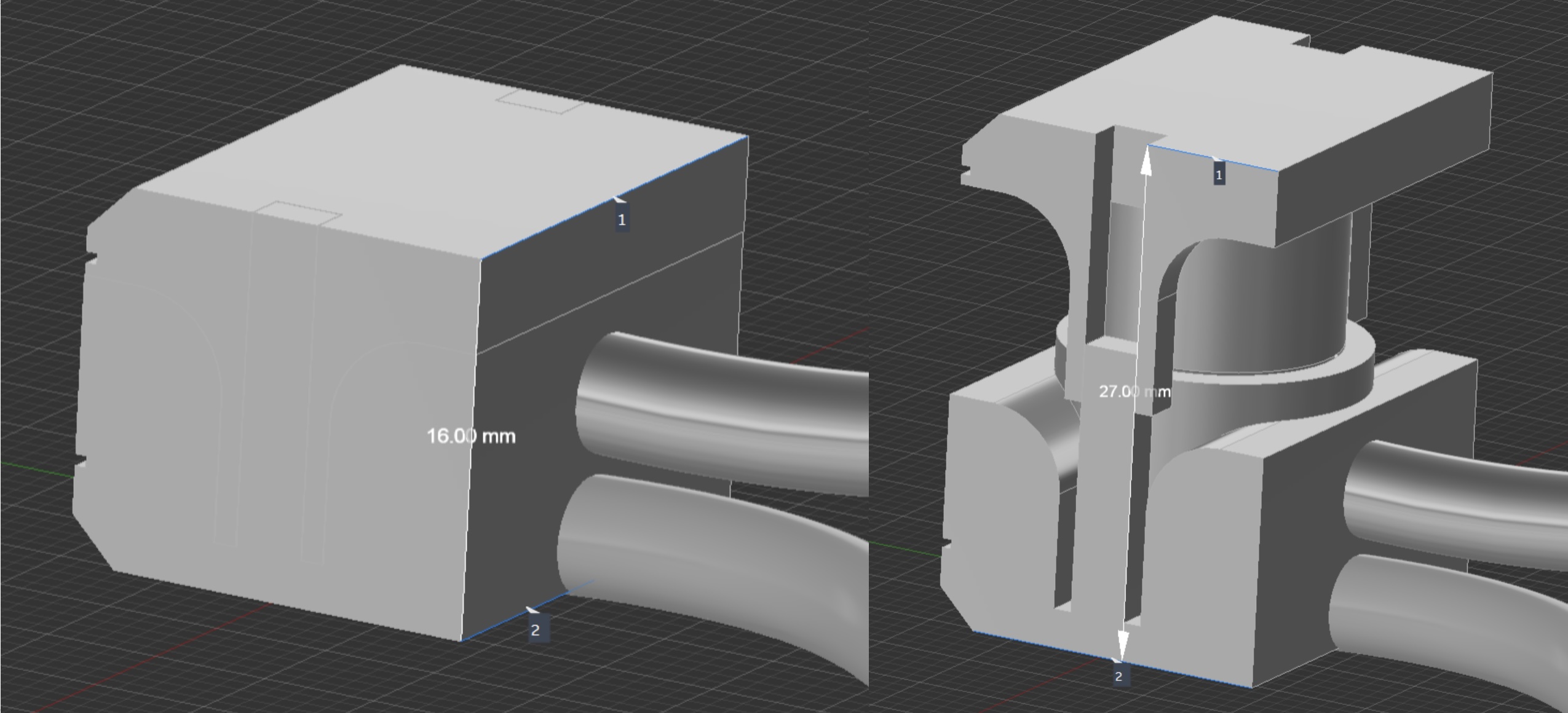 Fusion 360 model of the hydraulic head showing the slave piston extended to 27mm expanded height