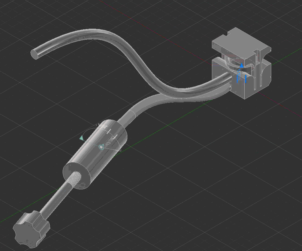Fusion 360 model of the hydraulic plunger distractor showing a curved saline channel and a curved handle.