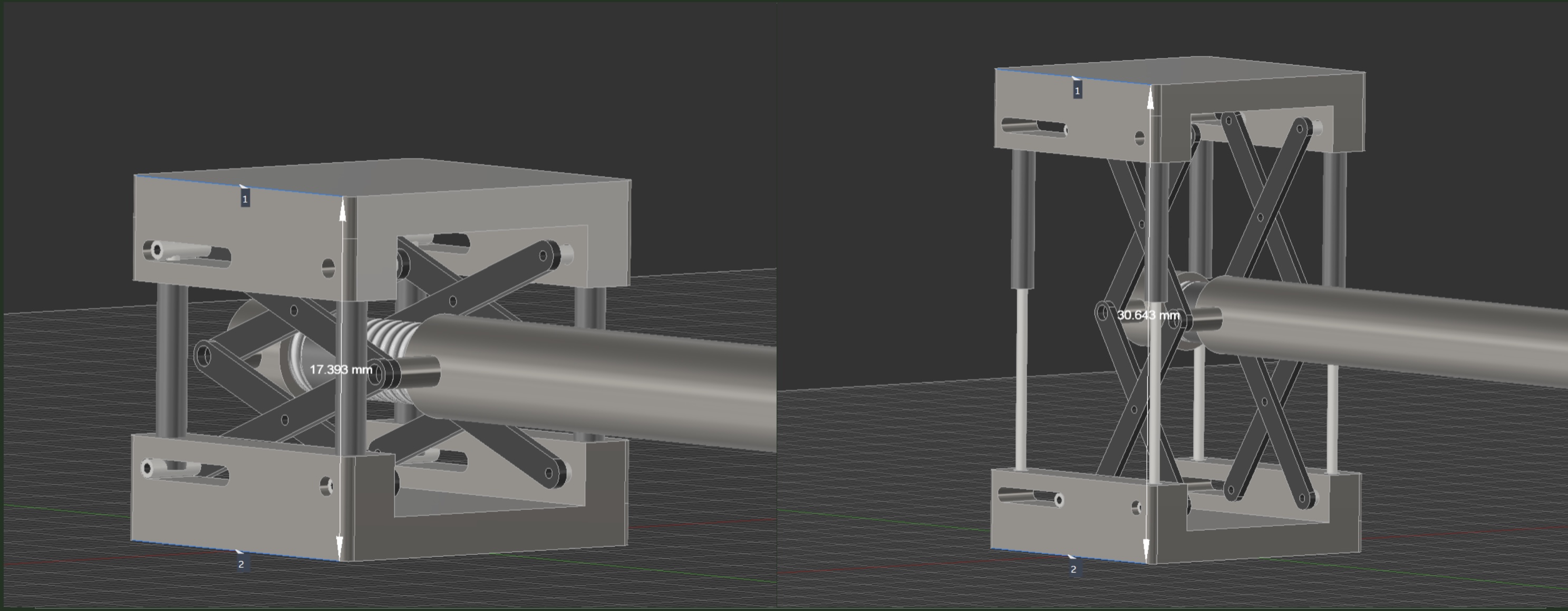 Fusion 360 model of the scissor jack design showing collapsed height of 17.393mm and expanded height of 30.643mm