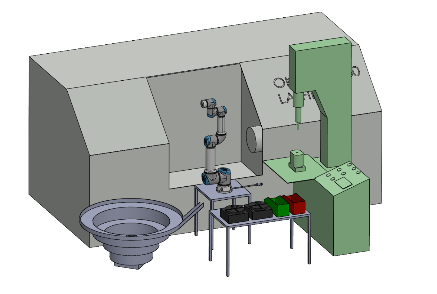 SolidWorks 3D model of the full CRIMMI automated cell showing robot arm, vibratory feeder, Okuma lathe, and threader