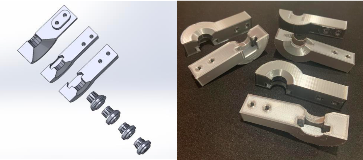 Three versions of the custom end-effector design, from initial 3D-printed prototype to final machined steel